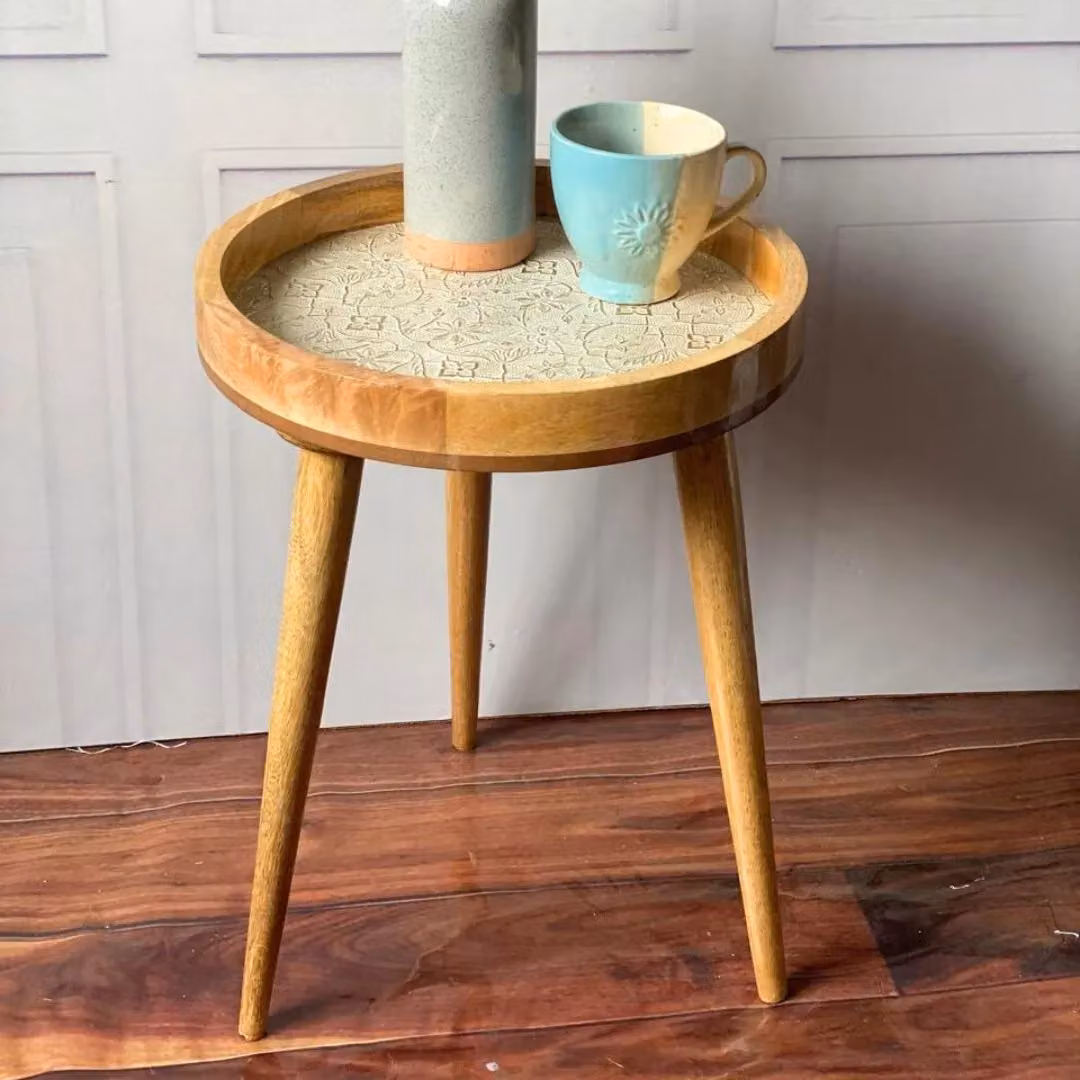 Hartsmede Mango Wood Round Side Table with Resin-Coated Enamel Top in Ivory and Brown, W/D/H: 37 x 37 x 20 cm – 2