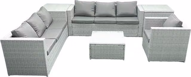 Fimous Rattan Garden Furniture Set in Light Grey with 3-Seater Sofa, Armchair, Coffee Table and 2 Side Tables