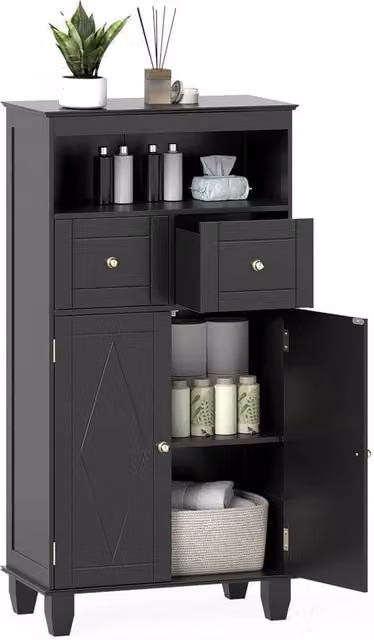 Hinsinc Modern Freestanding Black Pine Bathroom Storage Cabinet with Hinged Doors and Internal Shelves, H 108.0 cm x W 56.0 cm