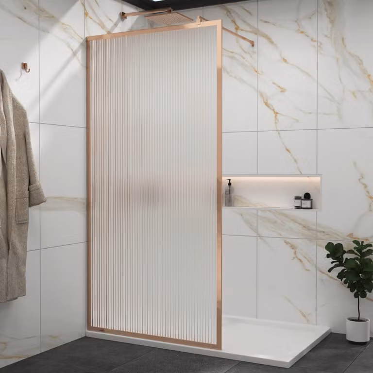 Luxor Walk-In Wet Room Fluted Shower Screen with Brushed Bronze Frame, 8mm Easy Clean Glass, W: 120 cm, H: 195 cm