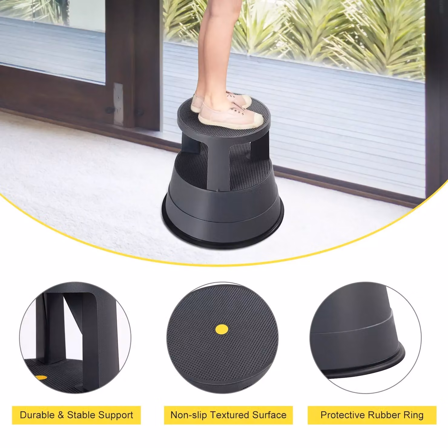 Costway Roller Step Stool with Casters and Non-slip Rubber Band in Black – 5