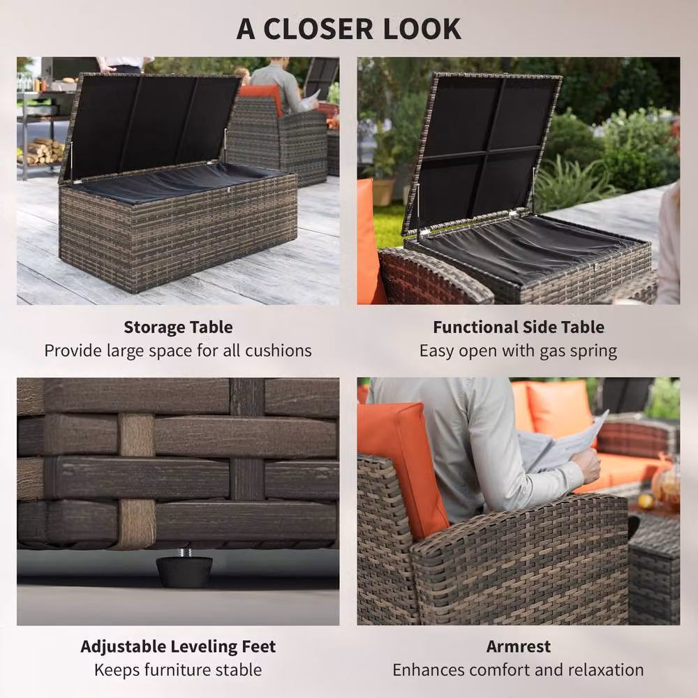OUTSUNNY 6 Piece L-Shape Rattan Patio Sofa Set with Orange Upholstered Cushions and Powder Coated Steel Frame – 5