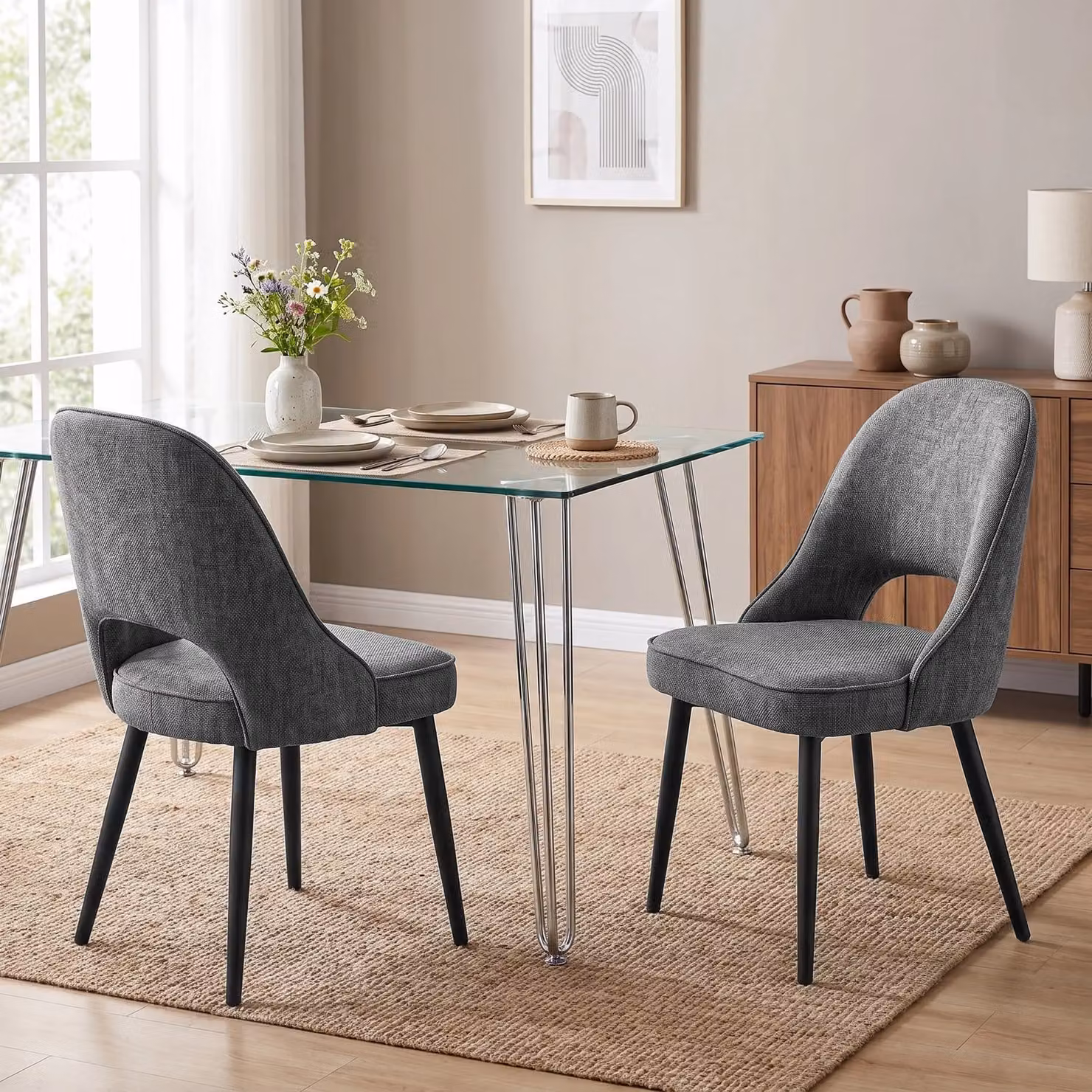DHS Set of 2 Modern Fabric Dining Chairs in Grey and Green with Metal Legs