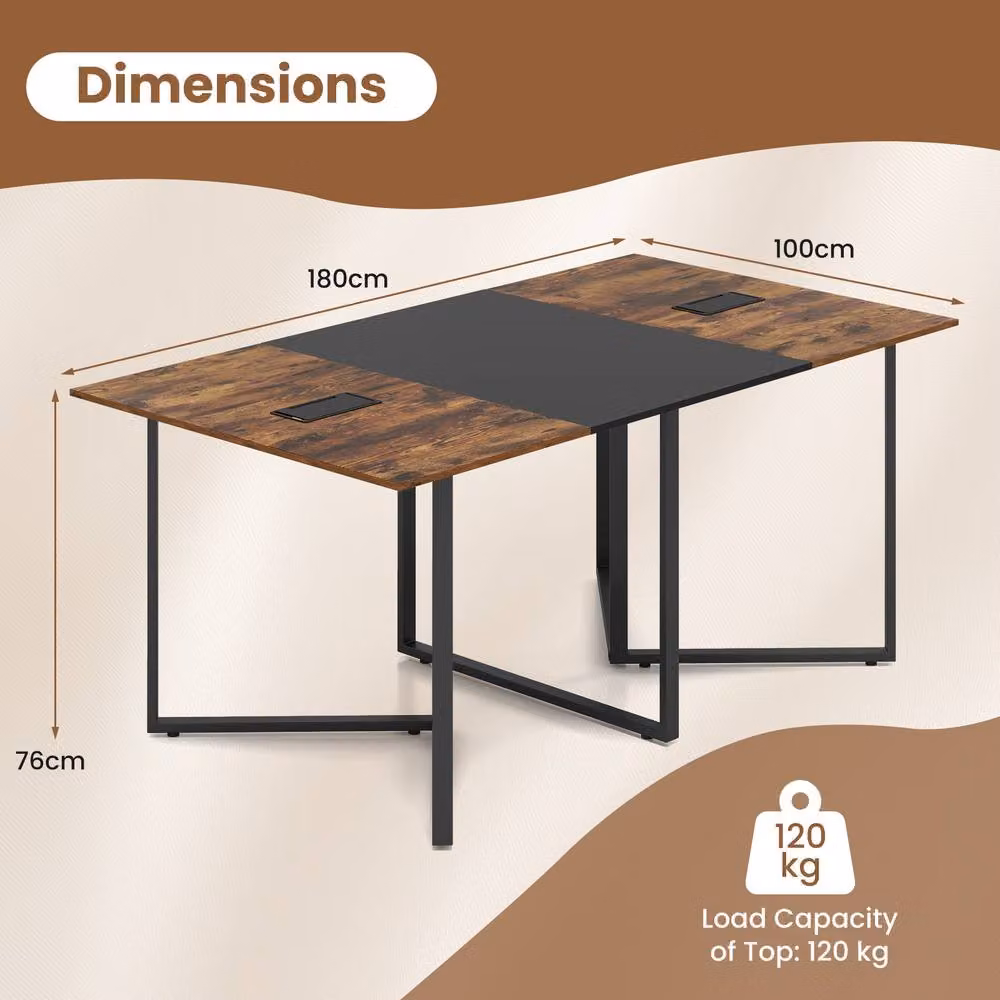 Gymax Industrial Rectangular Conference Table in Brown with Metal Frame and Grommet for 6-8 People – 1