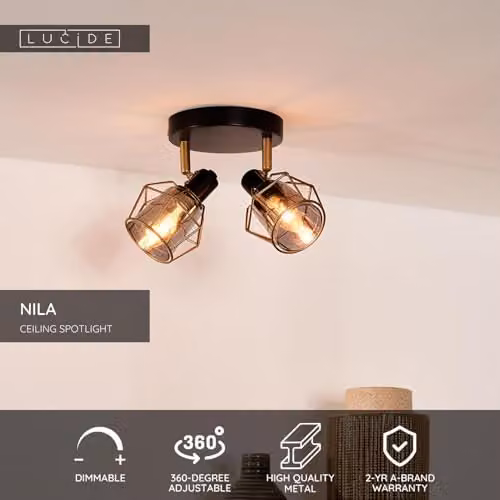Lucide Nila Black Metal Adjustable Ceiling Spotlight with Transparent Glass Cylinders, 2 x E14 – 2