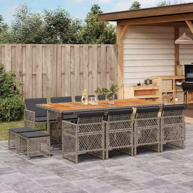 Berkfield Home 13 Piece Grey Poly Rattan Garden Dining Set with Acacia Wood Accents
