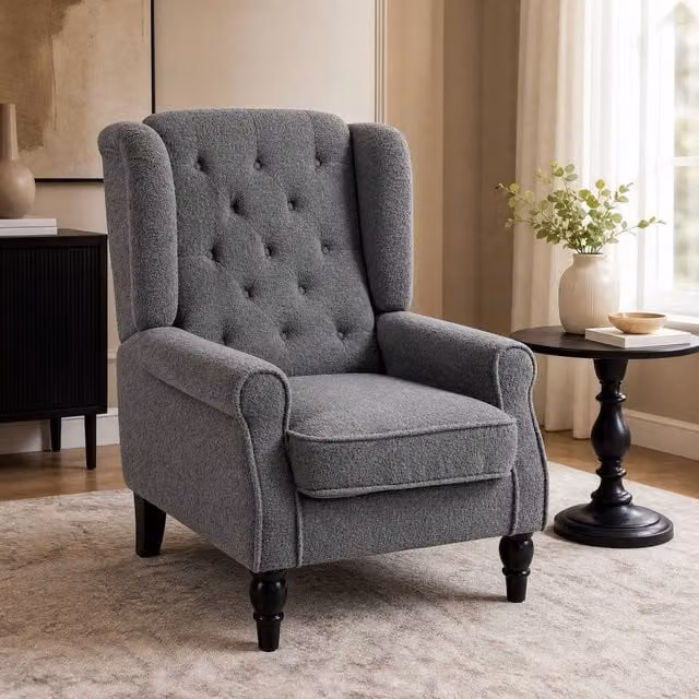 STILVORA Grey Bouclé Wingback Chair with Solid Wood Frame – 1