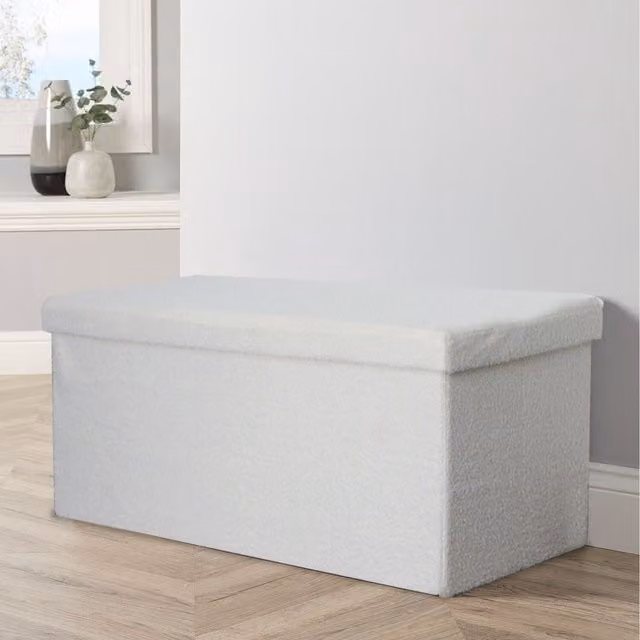 Home Source XL Folding Teddy Fur Ottoman in Cream Bouclé Fabric