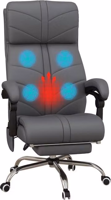 Rolipo Heated Massage Reclining PU Leather Office Chair with Footrest and Headrest in Grey