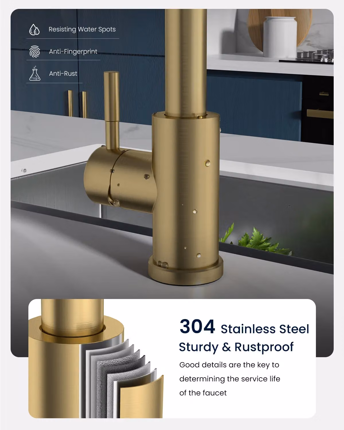 Appaso Gold Stainless Steel Kitchen Tap with Pull Out Spray and Swivel Spout – 5