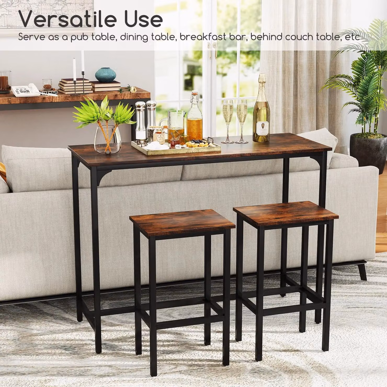 Gymax 3-Piece Industrial Dining Table Set with Counter-Height Rectangular Table and Chairs in Brown – 7
