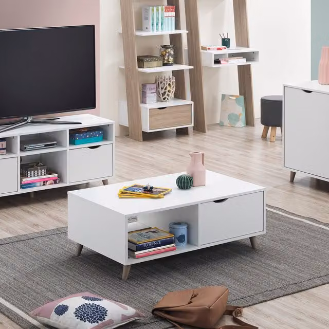 Timber Art Design Pulford Scandi Coffee Table with Two Drawers in White, W/D/H: 60 x 38 x 38 cm