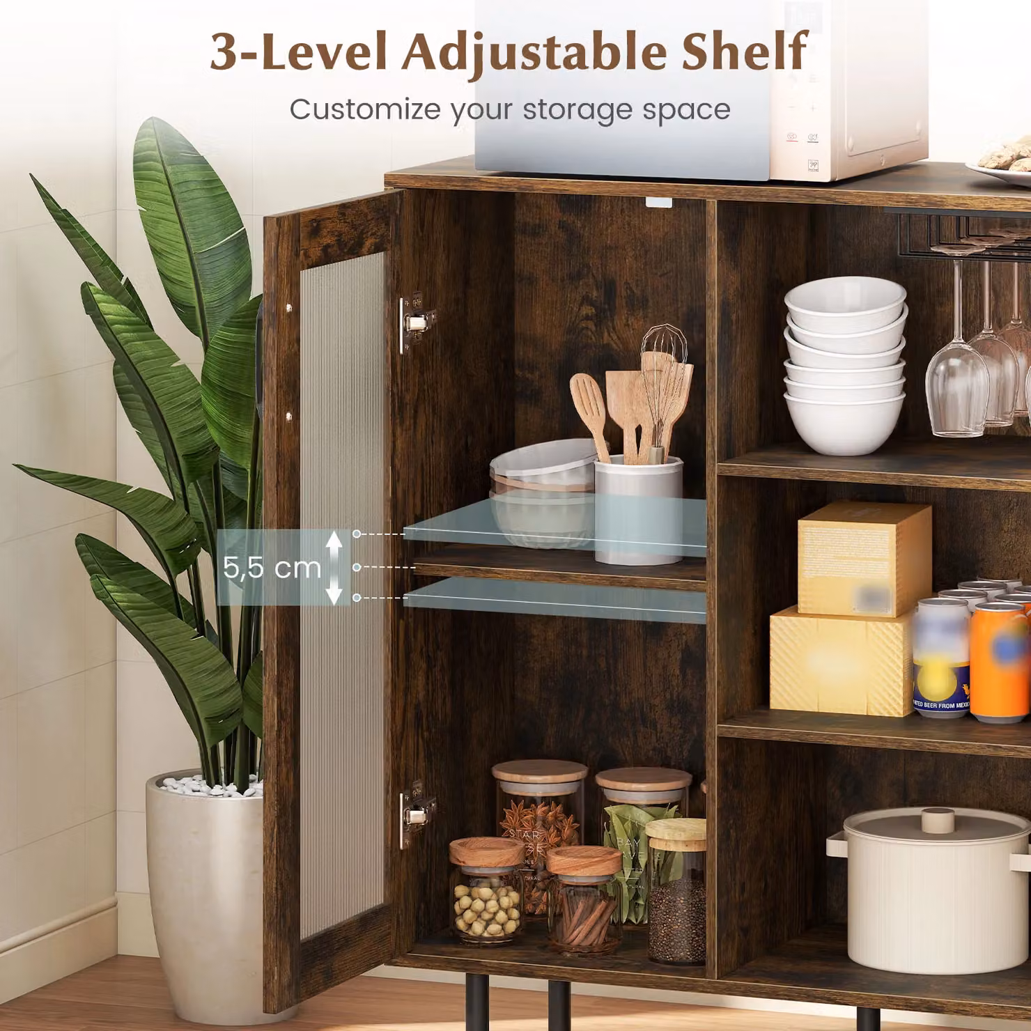Costway Coffee Bar Cabinet Sideboard with Door and Adjustable Shelf in Brown – 7