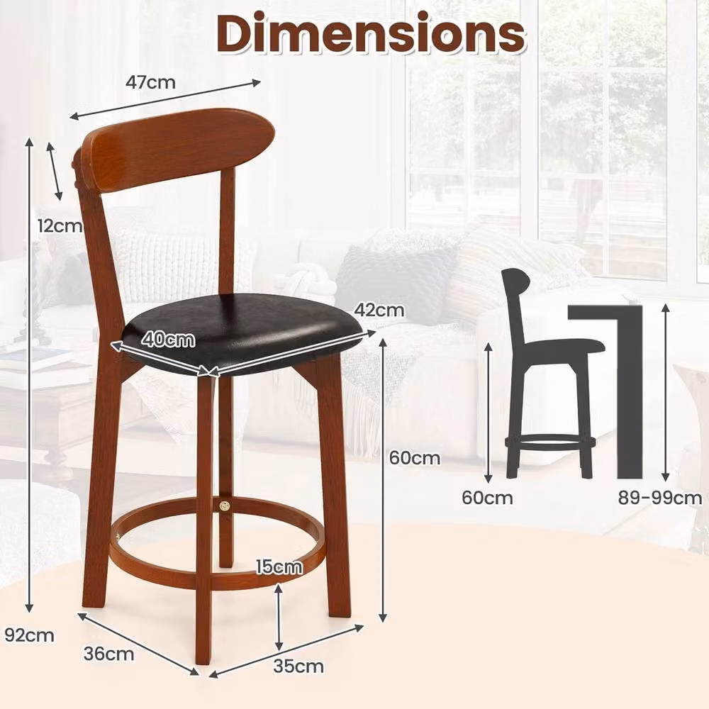 VOGREX Set of 2 Brown Walnut Curved Back Bar Stools with Synthetic Leather Upholstery – 2