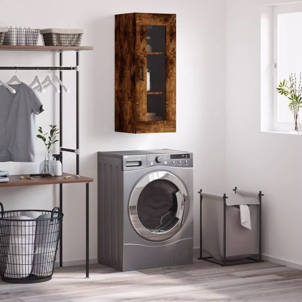 Berkfield Home Wall Mounted Smoked Oak Cabinet with Glass Doors in Brown, W/D/H: 34.5 x 34 x 90 cm – 2