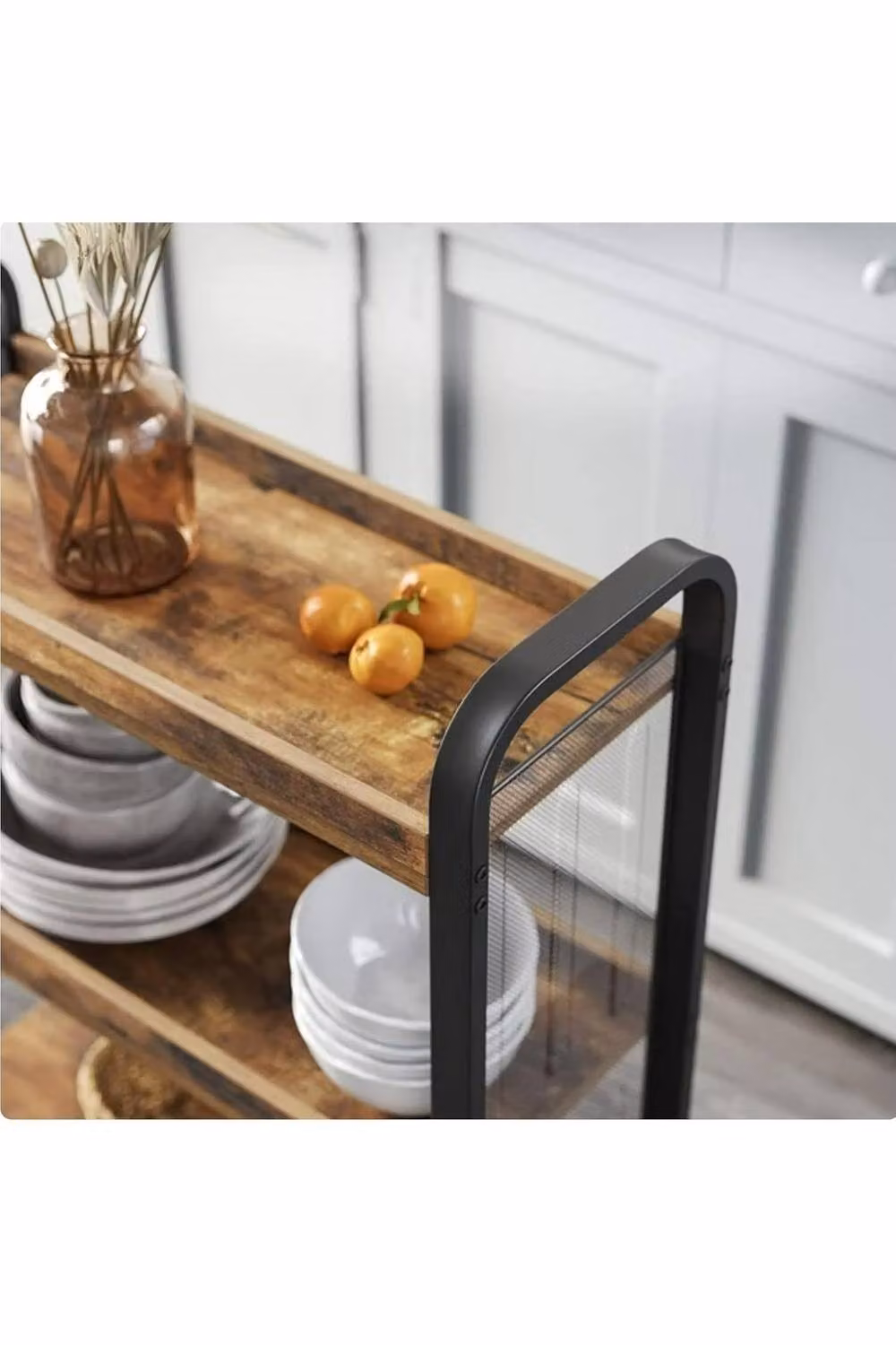 Hygrad Built to Survive Industrial Brown Wooden and Metal Narrow Rolling Kitchen Serving Cart Trolley, W/D/H: 26.0 x 3.0 x 85.0 cm – 10