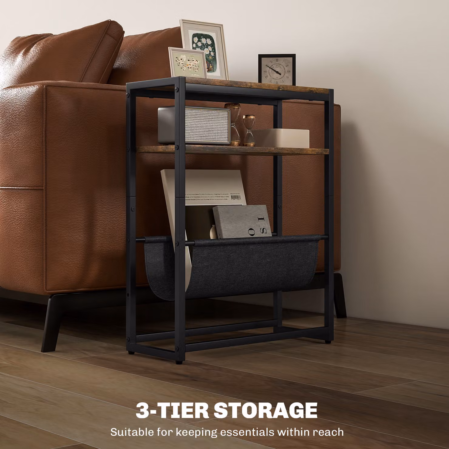 HOMCOM Narrow Side Table with 3-Tier Storage and V-Shaped Magazine Holder, Brown and Black, W: 43 cm, D: 18 cm, H: 56 cm – 4