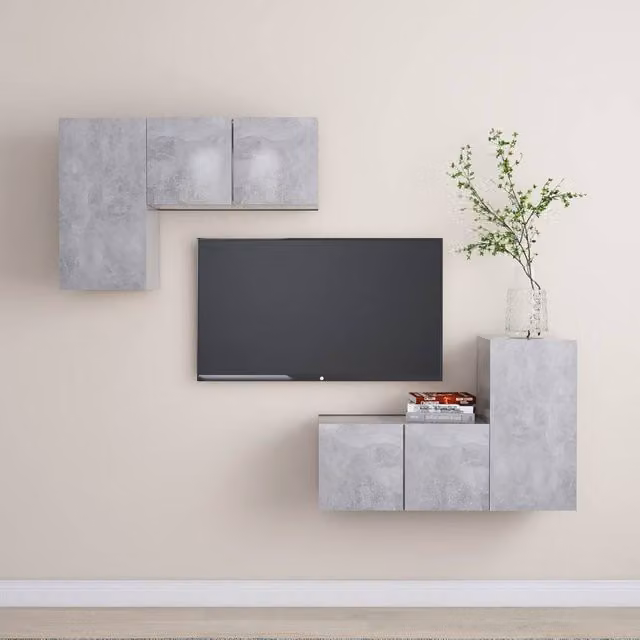 Berkfield Home 4 Piece Modern Wall Mounted TV Cabinet Set in Concrete Grey with Open Shelves and Hinged Doors – 1