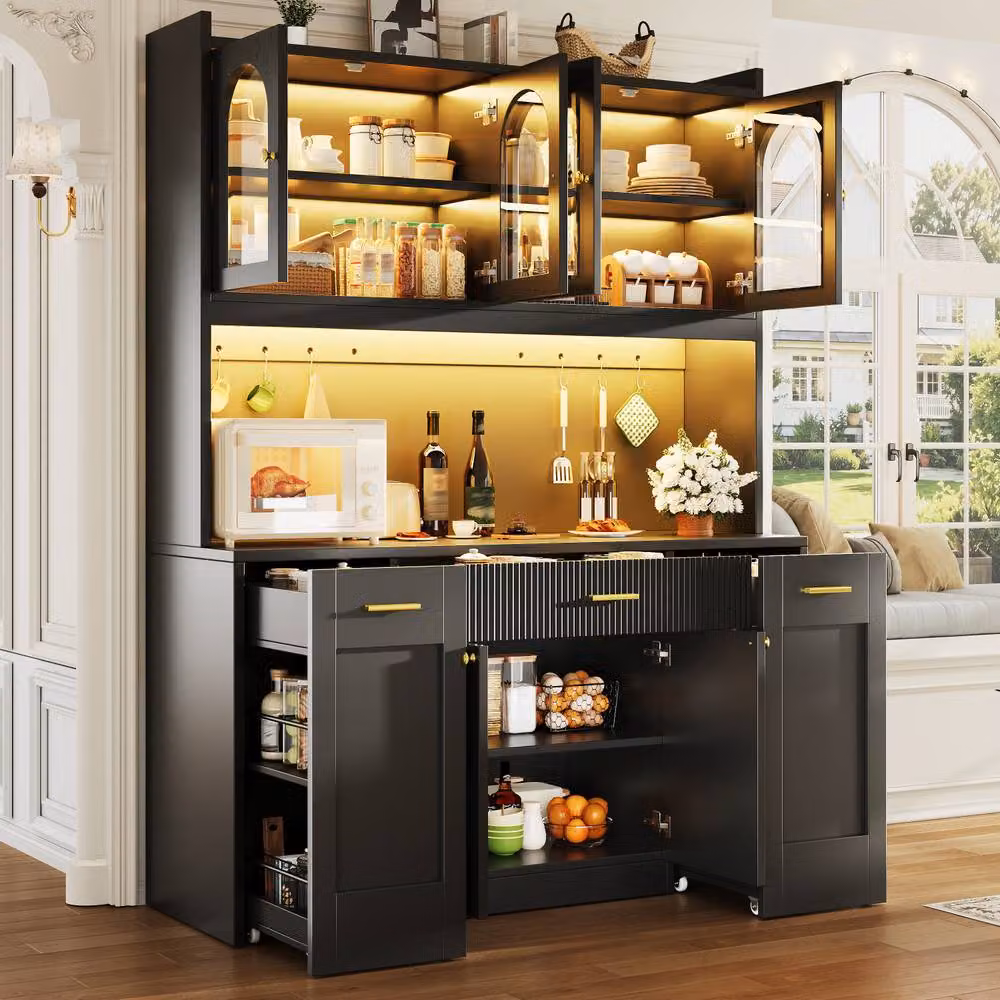 Merax Modern Black Arched Kitchen Dresser with Integrated Lighting and Glass Doors, W/D/H: 120 x 40 x 187 cm – 7