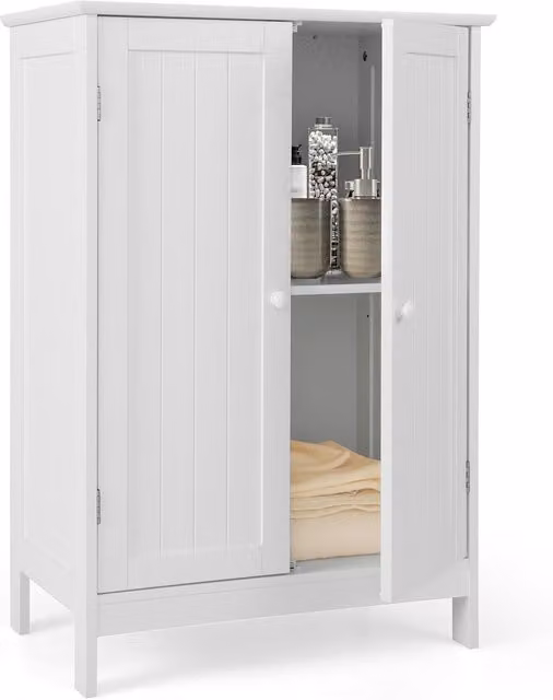 Costway White Freestanding Bathroom Floor Cabinet with Hinged Doors and Internal Shelves