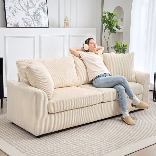 HOMCOM Modern Upholstered 3 Seater Sofa in White with Scatter Cushions