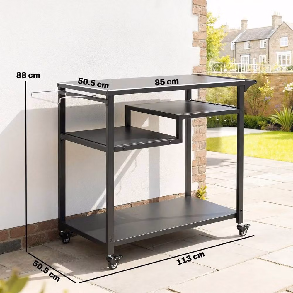 VOGREX Black Metal Outdoor Grill Cart and Movable Food Prep Table on Wheels, W/D/H: 113 x 50.5 x 88 cm – 2