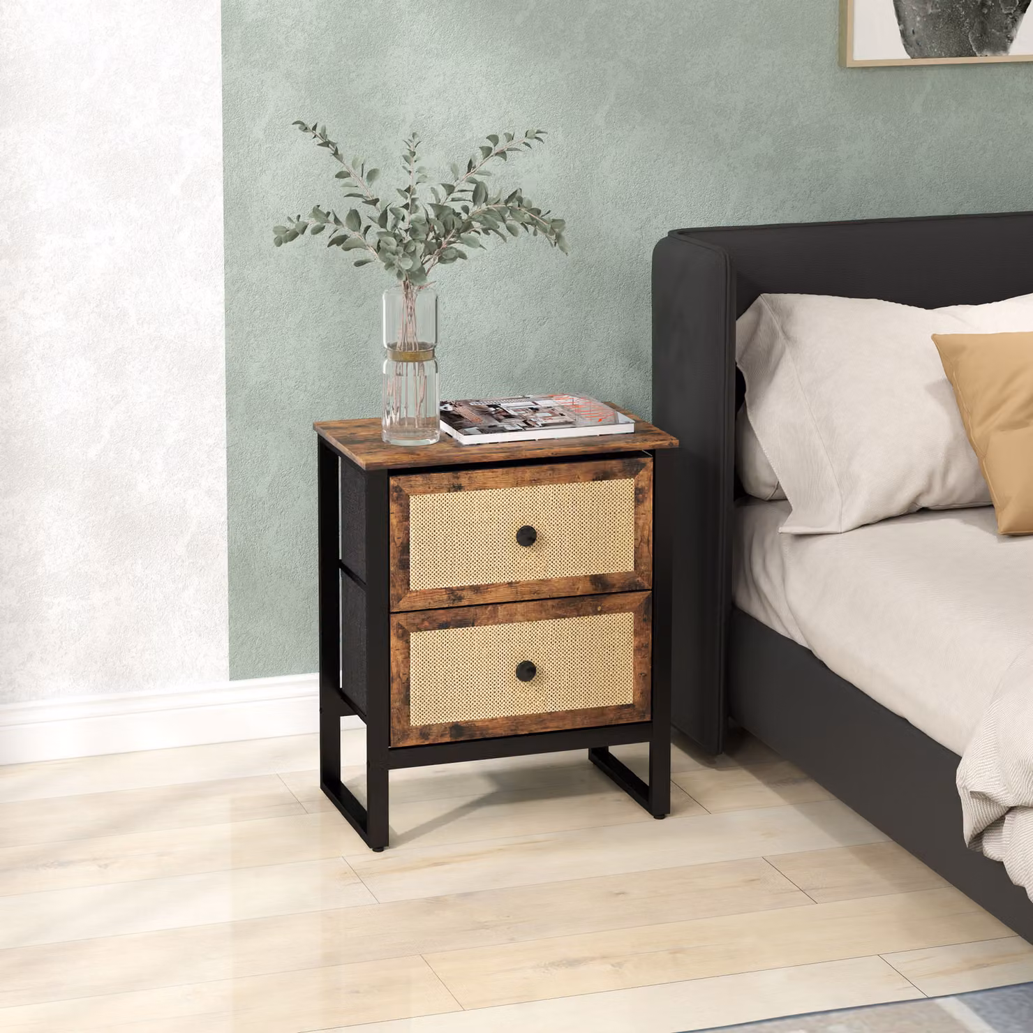 HOMCOM Bedside Table with 2 Rattan Drawers and Steel Legs in Rustic Brown – 2