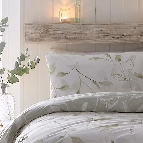 Drift Home Eco Green Plants Duvet Cover Set in Green and White Floral Design, W/D/H: 140 x 200 cm with 1 Pillowcase (90 x 200 cm) – 2