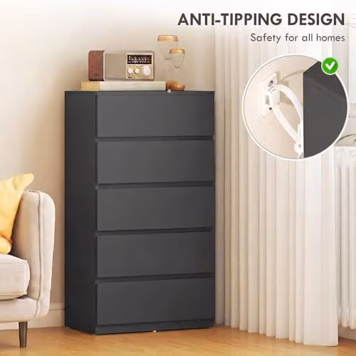 HOMCOM Black 5-Drawer Chest of Drawers with Soft-Close Drawers for Bedroom or Living Room – 5