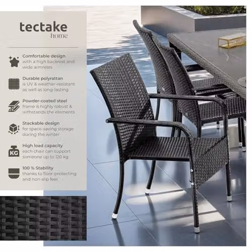 tectake Set of 2 Modern Rattan Garden Chairs in Black and Grey with Metal Frame – 3