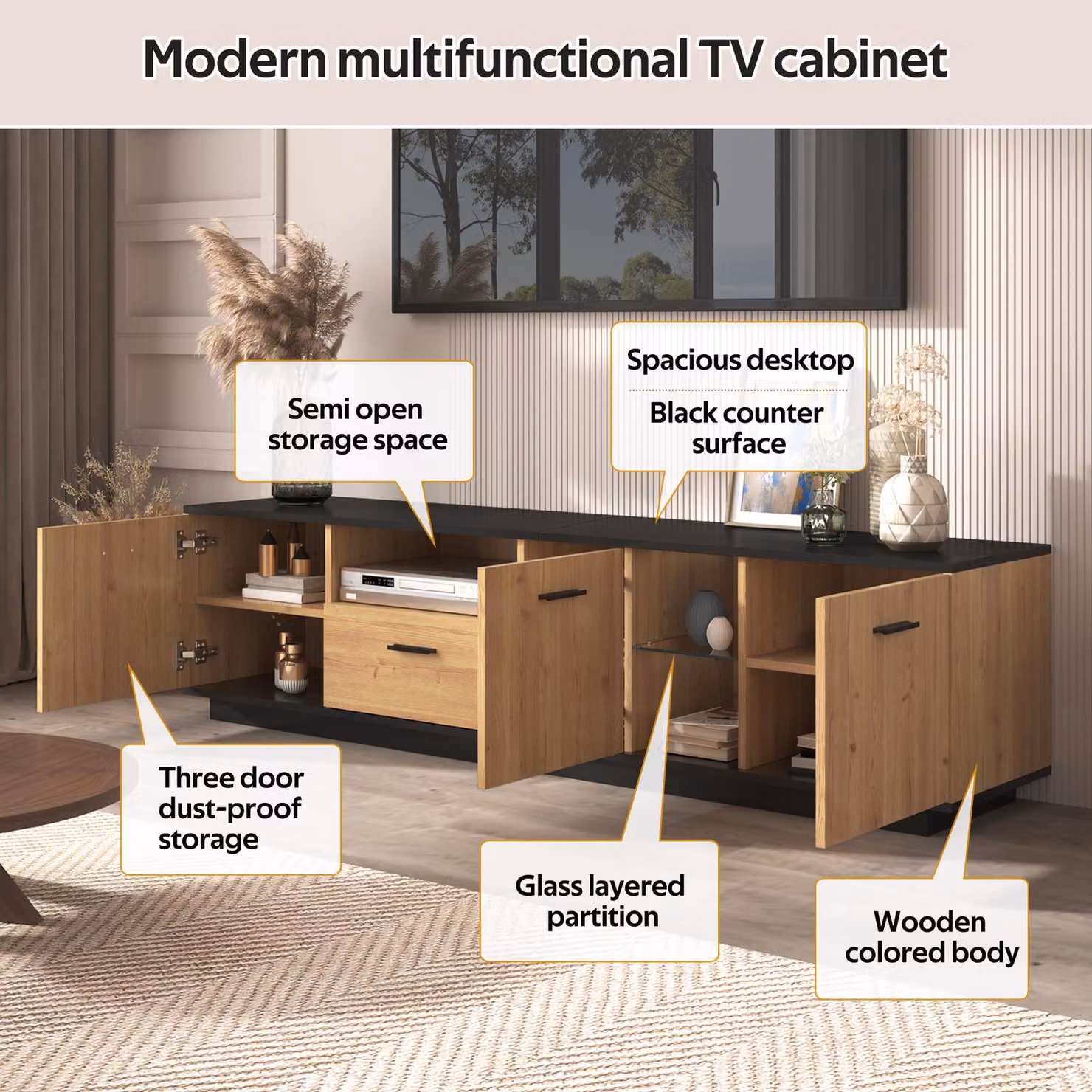 Aosom UK Modern TV Cabinet with 3 Doors, Drawer and 2 Open Glass Compartments in Black and Wood, W/D/H: 180 x 37 x 45 cm – 4