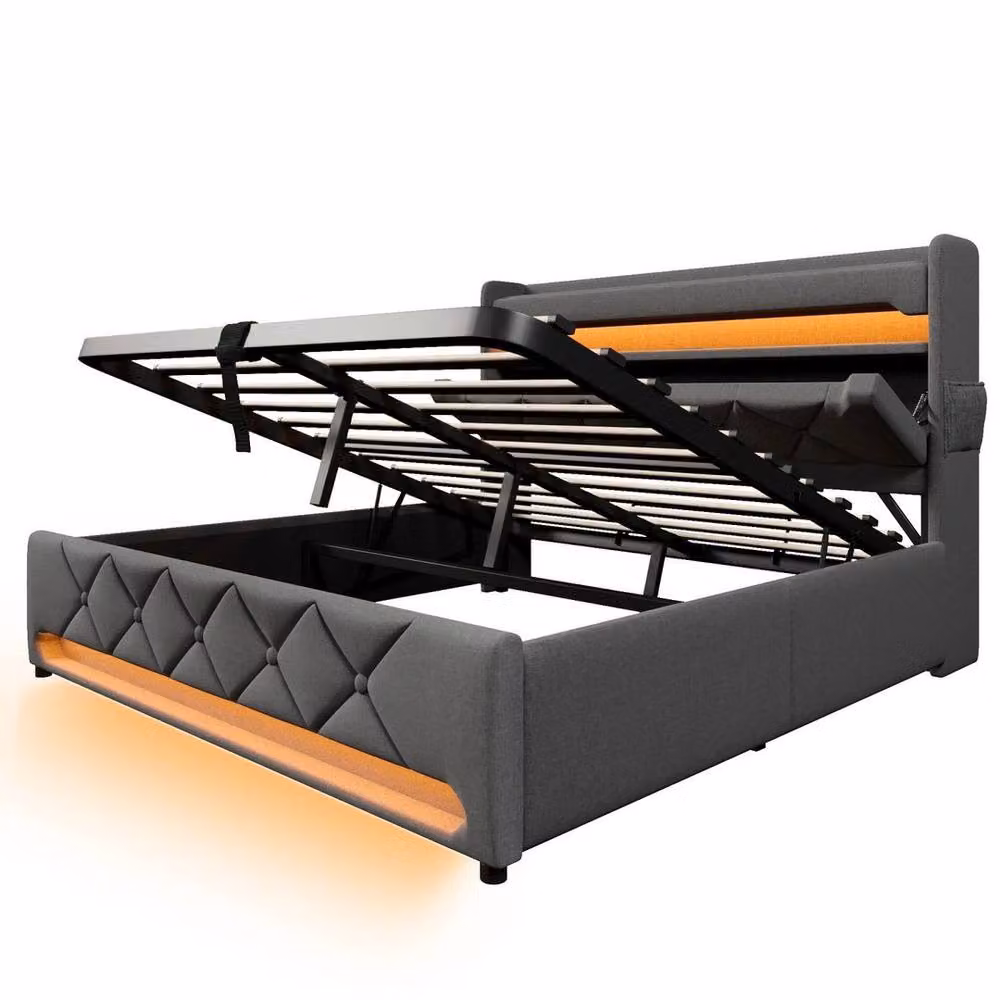 FORGEVIO Grey Upholstered Super King LED Bed with USB Charging Port and Lift Up Base, W/D/H: 180 x 200 x 111 cm – 3