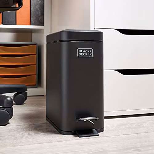 BLACK+DECKER BXBN0007E 5L Black and Silver Stainless Steel Pedal Bin with Soft Close Lid and Removable Inner Bucket, W: 30 cm, D: 14 cm, H: 29 cm