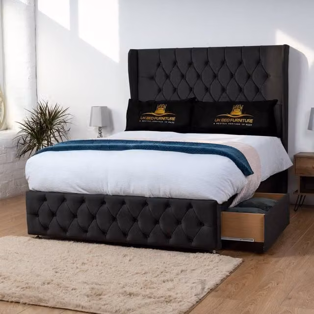 Luxor Living Luxor Wingback Divan Bed with 54 Inch Headboard and 2 Foot End Drawers in Black, Super King, W/D/H: 200 x 200 cm – 1