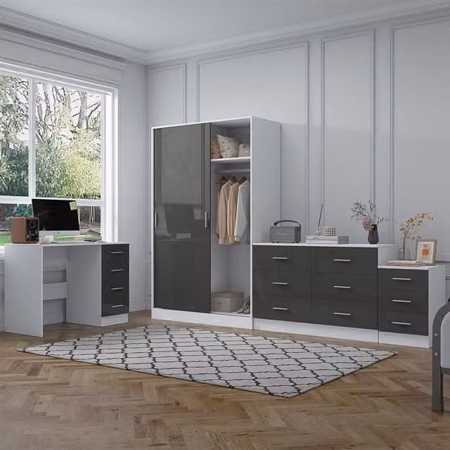 REFLECT Bedroom Furniture Bundle including Sliding Wardrobe, Wide Chest, Bedside Table and Desk in Grey Gloss and Matt White