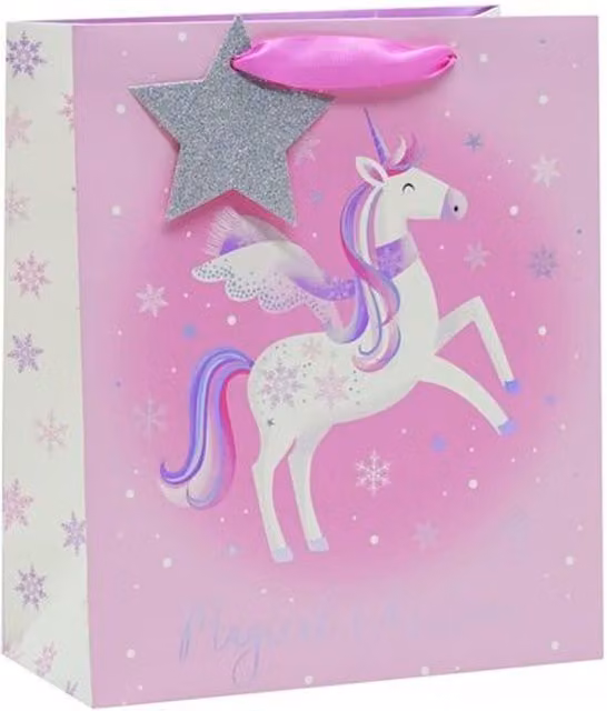 Kingsbury Gifts Medium Unicorn Christmas Paper Gift Bags in Red and Pink