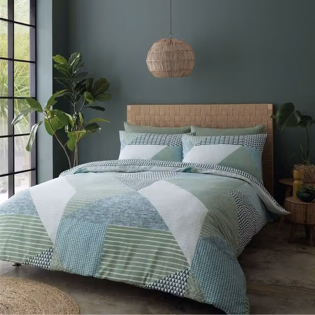 Catherine Lansfield Larsson Geo Reversible Duvet Cover Bedding Set, Green, Pink and Grey