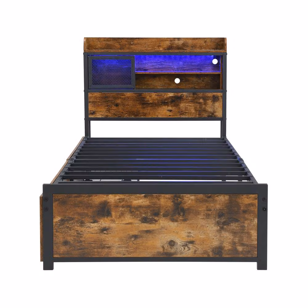 Rolipo Single Metal Bed Frame in Black with LED Lights, USB Charging Port and 2 Storage Drawers, W/D/H: 90 x 190 cm – 7
