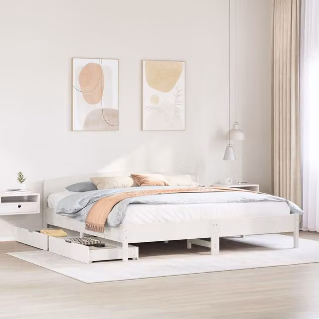 Berkfield Home Super King Solid Wood Pine Bed Frame with Drawers, White, W/D/H: 180 x 200 cm