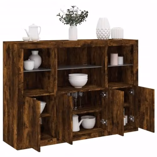 vidaXL Set of 3 Modern Smoked Oak Sideboards with Integrated LED Lighting in Brown – 2