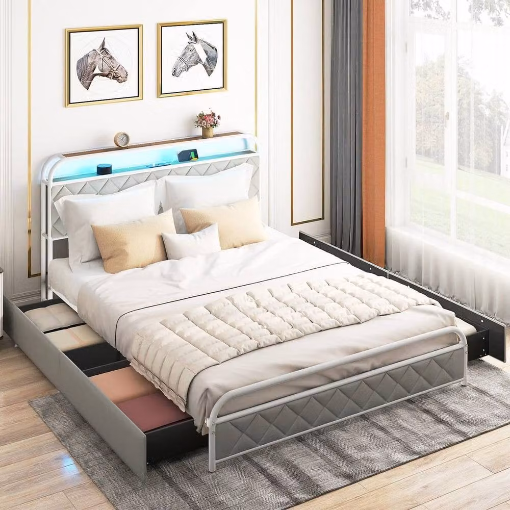 KORVIXA Modern White Faux-Leather Upholstered King-Size Platform Bed with USB Charging Port, Bedside Shelf, Under-Bed Lighting and Drawers, W/D/H: 180 x 200 cm – 2