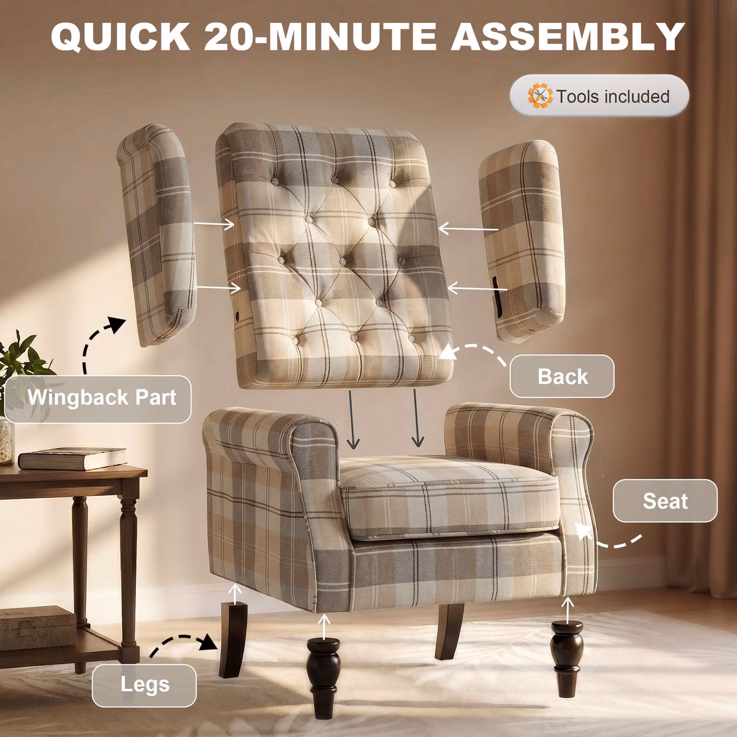 HOMCOM Wingback Accent Chair in Beige Checked Fabric with Solid Wood Frame and Armrests – 5