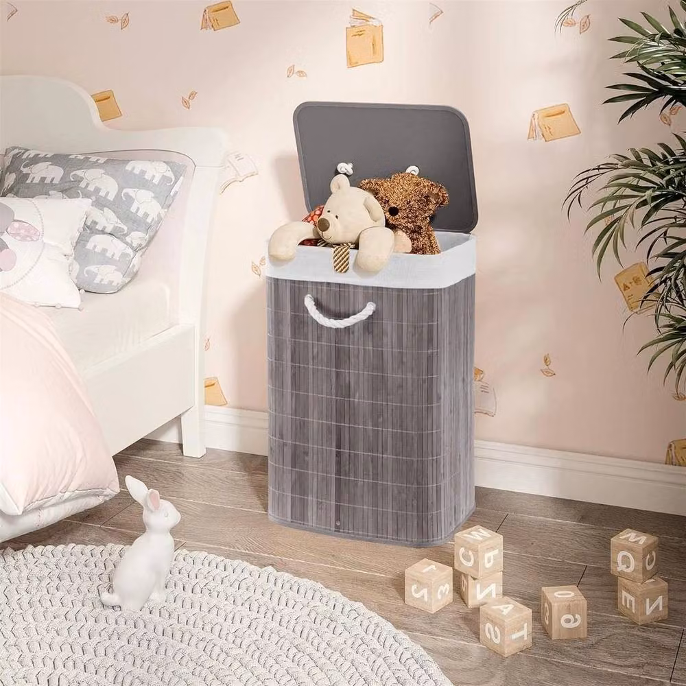 KORVIXA Bamboo Laundry Basket with Lid and Removable Bag in Grey, W/D/H: 100 x 100 x 60 cm – 4