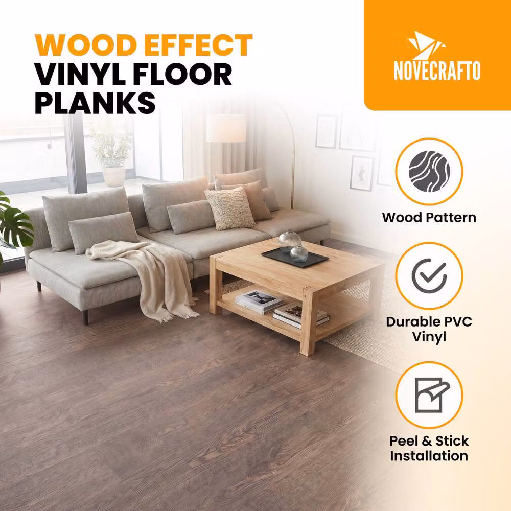 Novecrafto Self Adhesive Wood Look Vinyl Floor Planks, Pack of 10, Brown, W: 91.4 cm, D: 15.2 cm – 2