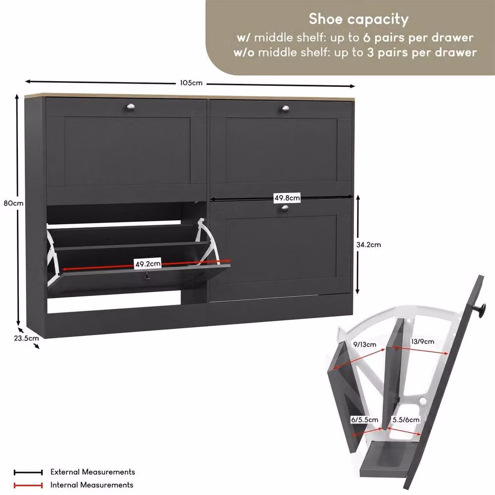 Kelvenix Modern Grey and Oak 4 Drawer Shoe Cabinet with Tilting Compartments – 2