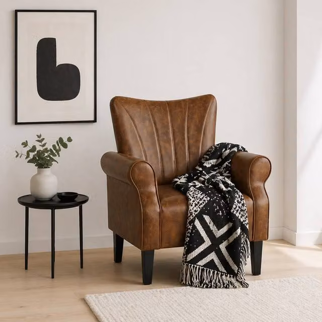 Wyld Haus Vafi Mid Century Accent Armchair in Brown PU Leather with Rolled Arms and Solid Wood Frame – 1