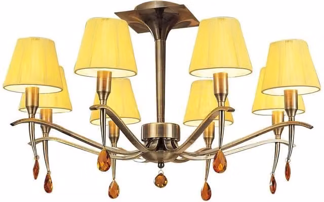 Netlighting Siena Semi Flush Round 6 Light Ceiling Lamp in Brass with Amber Crystal and Yellow Shades