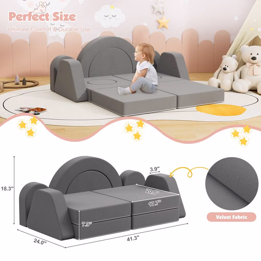KEEPREAPER Soft Modular Kids Play Couch with Scatter Cushions, Double, Dark Grey – 5