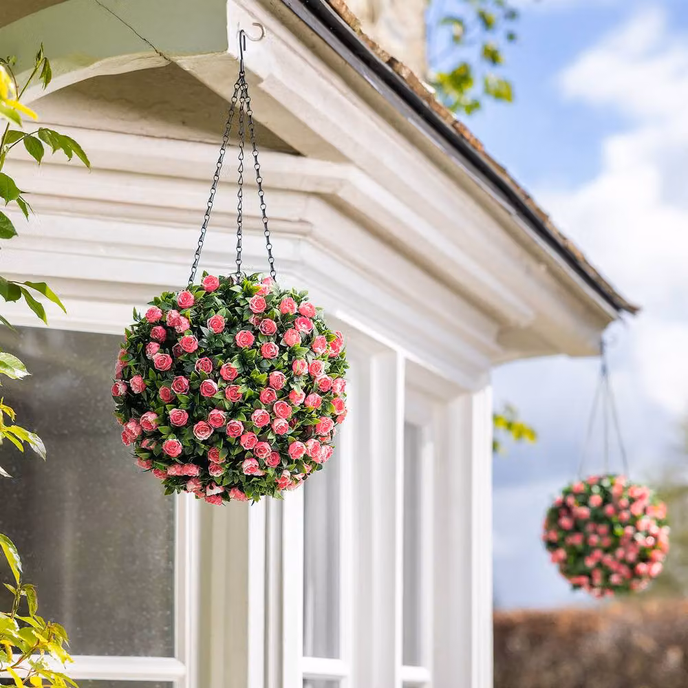 Christow Artificial Rose Hanging Topiary Balls in Pink and White, Diameter: 28 cm (Set of 2) – 2