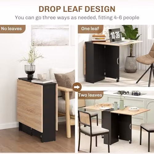 HOMCOM Modern Drop Leaf Folding Dining Table in Black and Oak, W/D/H: 80-140 x 60 x 75 cm – 4